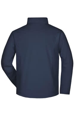 A navy men's softshell jacket displayed from the back, featuring a standing collar and a logo on it.