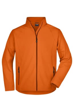 An orange men's softshell jacket with a zip front and two side pockets. The jacket features a logo on the chest.