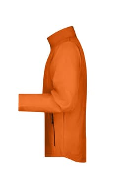 An orange men's softshell jacket featuring a zippered pocket and a high collar. It has a logo on the front.
