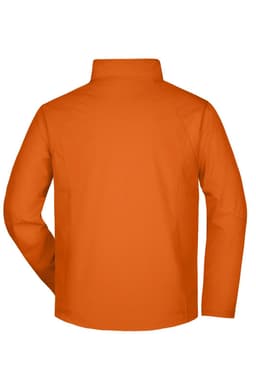 An orange men's softshell jacket featuring a simple design and a collar, with a logo on the back.