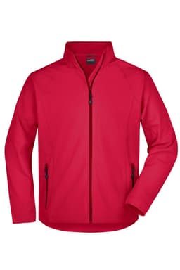 A red men's softshell jacket with a high collar and zipper pockets, featuring a logo on the chest.