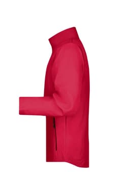 A red men's softshell jacket with a sleek design and side zip pockets. It features a logo on the chest area.