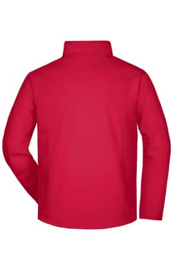 A red men's softshell jacket viewed from the back, featuring a collar and a logo.