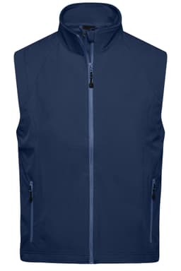 A navy softshell vest featuring a high collar and zippered pockets, with a logo on the front.