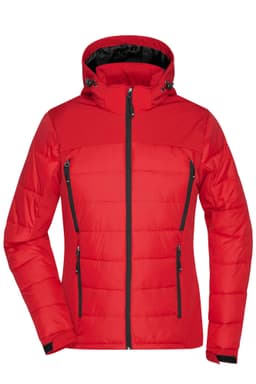 A red ladies outdoor hybrid jacket featuring a hood and black zippered pockets. The jacket has a sleek, soft-shell design.