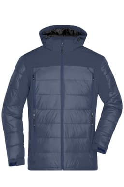 A navy men's outdoor hybrid jacket featuring a hood, zippered pockets, and a soft shell design.