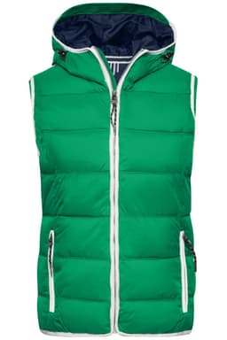 A green padded vest with a hood, featuring white zippers and a contrasting navy inner lining. It has a logo on it.