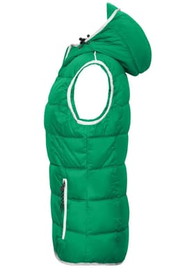 A green, sleeveless vest with a hood and zip closure, featuring a logo on the front.