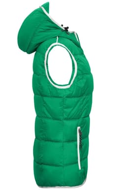 A green padded vest with a hood and zip pockets, featuring a logo. Side view displayed.