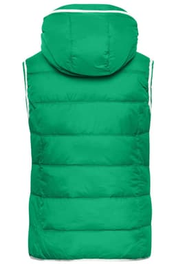A green ladies maritime vest with a hood, featuring a puffy design and sleeveless style. It includes branding.