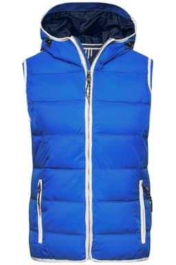 A blue padded vest with a hood, featuring zippered pockets and a contrasting inner lining. It includes a logo.