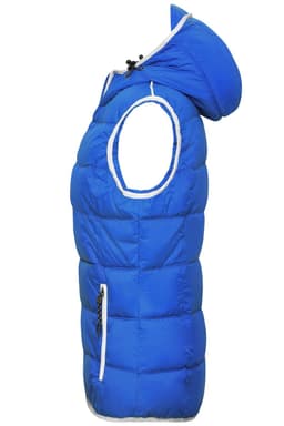 A blue ladies' vest with a hood, featuring a zip pocket and a puffy design. It has a logo on the front.