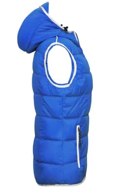 A blue padded vest with a hood and zippered front, featuring a side pocket and white detailing.