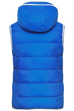 A blue ladies' vest with a hood and a padded design. It features armholes and a logo on the back.
