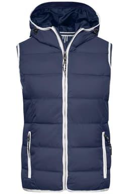 A navy vest with a hood, featuring a zip front, pockets, and a contrasting white zipper trim. Contains branding.