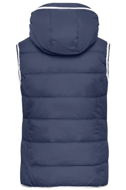 A navy blue ladies' maritime vest featuring a hood and padded design, with a logo on the back.