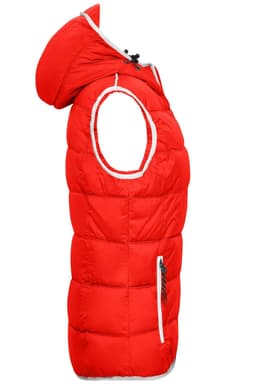 A red padded vest with a hood and side pockets, featuring a logo on the front.