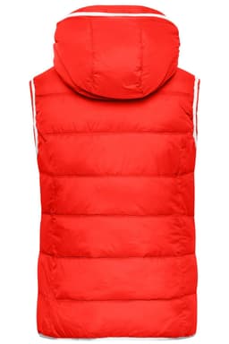 A red padded vest with a hood, featuring white detailing and without sleeves. It has a logo on the back.