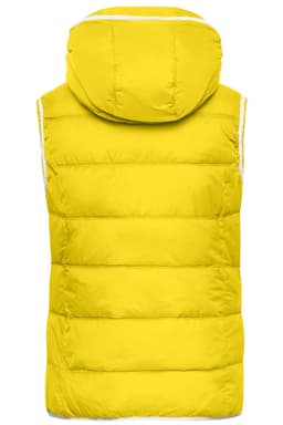 A yellow hooded vest with a puffy design, featuring a back view and no sleeves, along with a logo.