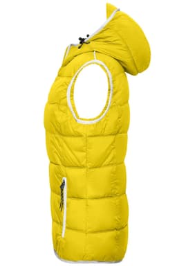 A vibrant yellow ladies' maritime vest with a hood and side pockets, featuring a logo on the front.