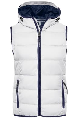 A white and navy vest with a hood, featuring a zip front and side pockets. It has a logo on the design.