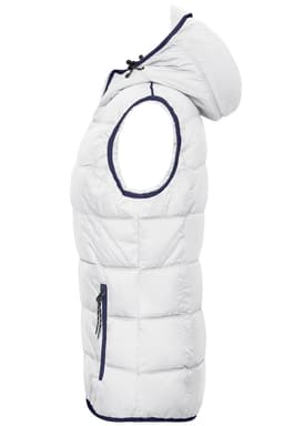 A white padded ladies' vest with a hood, featuring navy trim and side zip pockets.