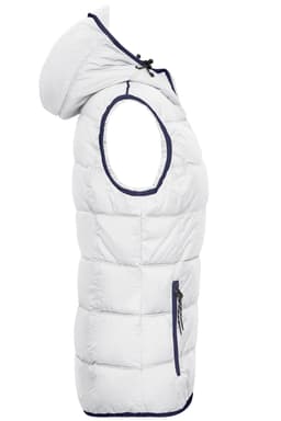 A white padded ladies vest with a hood, featuring a zip pocket and contrasting navy trim.