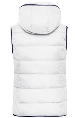 A white ladies' vest with a hood and horizontal quilted design, featuring a branding logo.