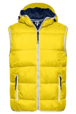 A yellow padded vest with a hood and contrast navy lining, featuring zippered pockets and branding.
