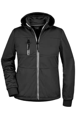 A black maritime jacket featuring a hood, zippered front, and pockets, equipped with a logo.