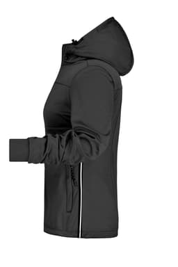 A black ladies' maritime rain jacket featuring a hood and zippered pockets, with a logo on the design.