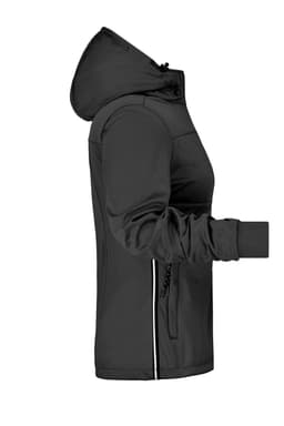 A black ladies' maritime jacket with a hood, featuring zippered pockets and a fitted design.