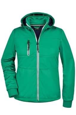 A green ladies maritime jacket featuring a hood and zippered pockets, with a contrasting interior. It has a logo.