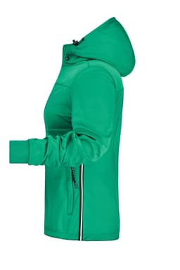 A green women's rain jacket with a hood, featuring side pockets and a fitted silhouette.