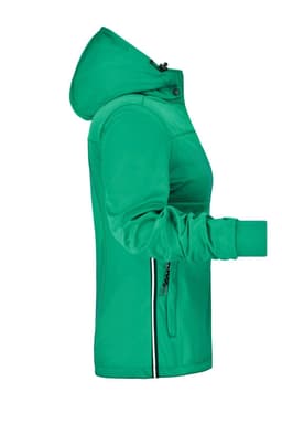 A green ladies' maritime jacket with a hood, featuring zippered pockets and a fitted design. Includes a logo.