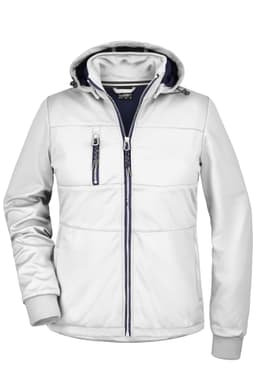 A white Ladies Maritime Jacket featuring a hood and zippered pockets, with contrasting navy lining and branding.