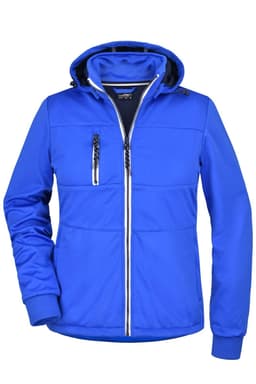 A blue ladies' maritime jacket with a hood, featuring a front zip and a zippered chest pocket. It has a logo.
