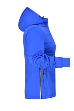 A blue ladies maritime jacket with a hood, featuring zippered pockets and a fitted design.