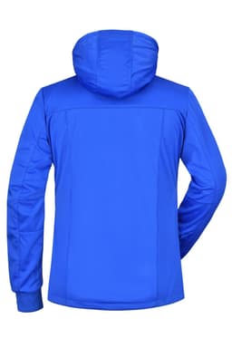 A blue ladies' maritime rain jacket with a hood and a smooth finish, featuring a logo on the back.
