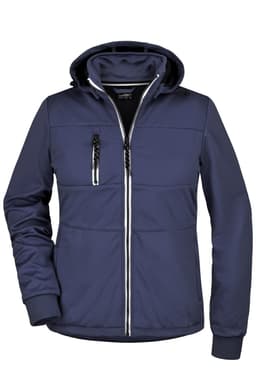 A navy rain jacket featuring a zip front, hood, and pockets, with a sleek, modern design and a logo.