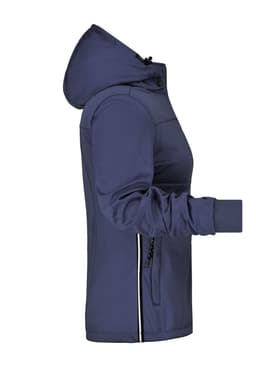 A ladies' maritime jacket in navy blue, featuring a hood and zippered pockets, with a logo on the side.