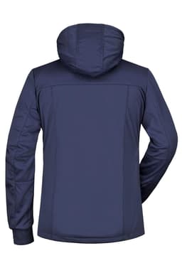 A navy blue ladies' maritime jacket featuring a hood and a sleek back design. It has a logo.
