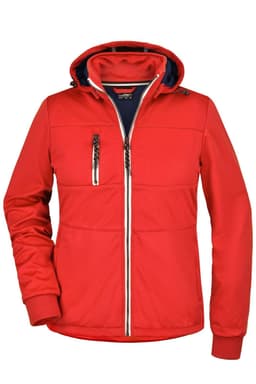 A red maritime jacket with a hood, featuring a zip front and side pockets, and includes a logo.