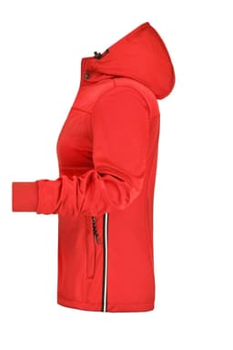 A red ladies' maritime jacket featuring a hood and zippered pockets, with a logo displayed on the front.