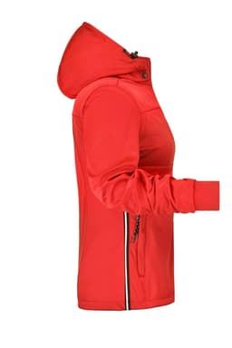 A red rain jacket for women, featuring a hood and zippered pockets, with a logo on the design.