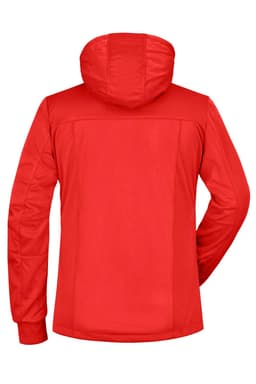 A red ladies' maritime jacket with a hood, featuring a logo on the back. Ideal for rain protection.