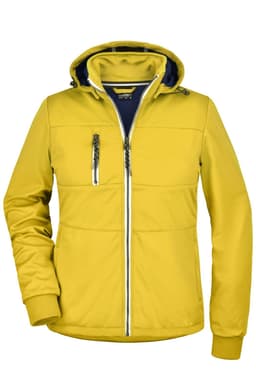 A yellow ladies maritime jacket featuring a hood, zippered front, and two zippered pockets, with a contrasting blue lining.