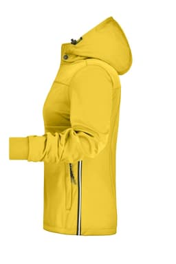 A yellow ladies' maritime jacket with a hood, featuring side zip pockets and a branded logo.