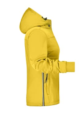 A yellow ladies' maritime jacket with a hood, featuring zippered pockets and a fitted design. Includes a logo.