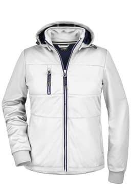 A ladies maritime jacket in white, featuring a hood and zippered pockets, with a logo on the chest.